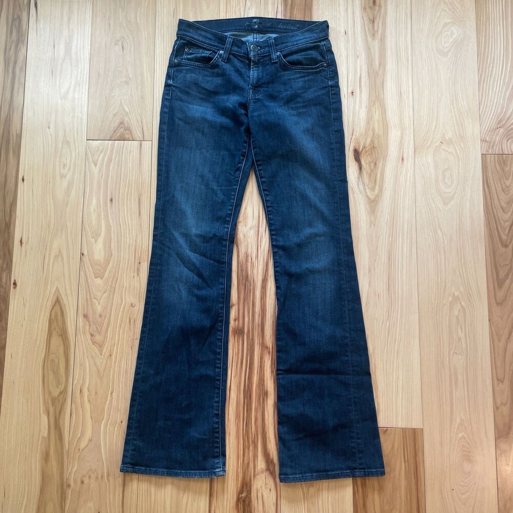 7 For All Mankind bootcut jeans, women's size 26. Low rise, dark wash stretch.